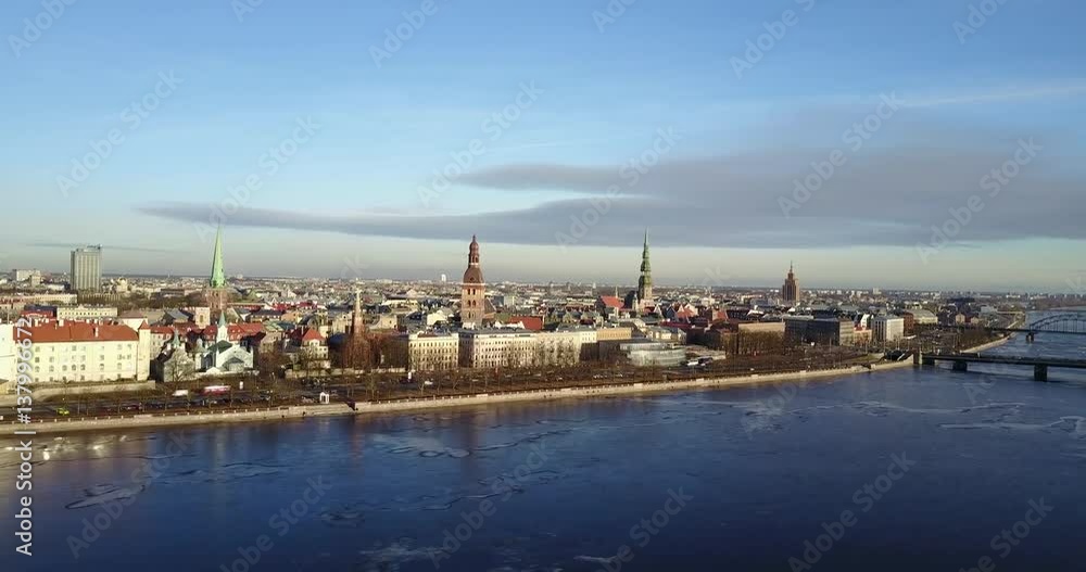 Birds eye view of Riga, Latvia over Daugava river Birds eye view of Riga, Latvia over Daugava river