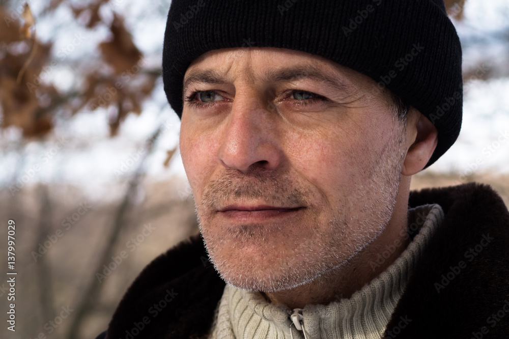 Portrait of a calm man in forest. Portrait of a calm man in forest.