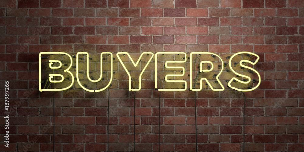 BUYERS - fluorescent Neon tube Sign on brickwork - Front view - 3D rendered royalty free stock picture. Can be used for online banner ads and direct mailers.. BUYERS - fluorescent Neon tube Sign on brickwork - Front view - 3D rendered royalty free stock picture. Can be used for online banner ads and direct mailers..