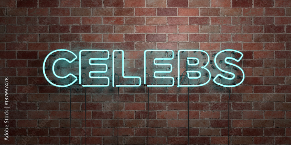 CELEBS - fluorescent Neon tube Sign on brickwork - Front view - 3D rendered royalty free stock picture. Can be used for online banner ads and direct mailers.. CELEBS - fluorescent Neon tube Sign on brickwork - Front view - 3D rendered royalty free stock picture. Can be used for online banner ads and direct mailers..