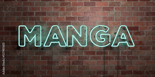 MANGA - fluorescent Neon tube Sign on brickwork - Front view - 3D rendered royalty free stock picture. Can be used for online banner ads and direct mailers..