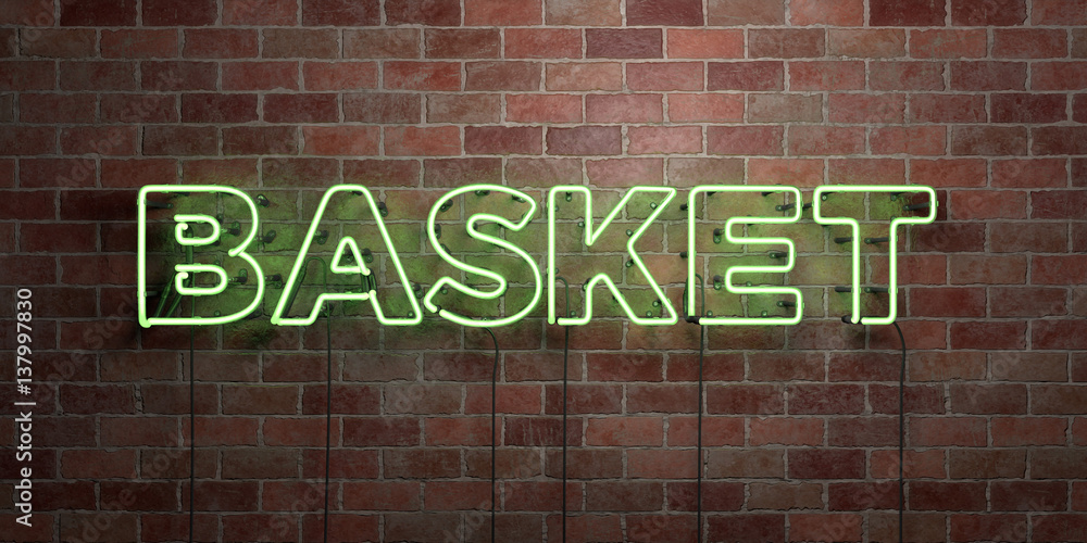 BASKET - fluorescent Neon tube Sign on brickwork - Front view - 3D rendered royalty free stock picture. Can be used for online banner ads and direct mailers..