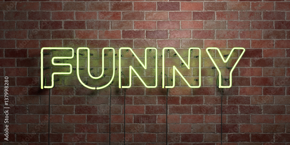 Obraz premium FUNNY - fluorescent Neon tube Sign on brickwork - Front view - 3D rendered royalty free stock picture. Can be used for online banner ads and direct mailers..