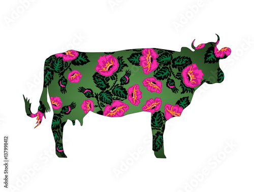 Silhouette of cow with pink poppies on the black background. Ukrainian style. Can be used as pixel art.