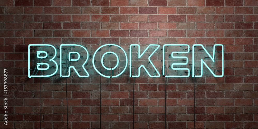 BROKEN - fluorescent Neon tube Sign on brickwork - Front view - 3D rendered royalty free stock picture. Can be used for online banner ads and direct mailers.. BROKEN - fluorescent Neon tube Sign on brickwork - Front view - 3D rendered royalty free stock picture. Can be used for online banner ads and direct mailers..