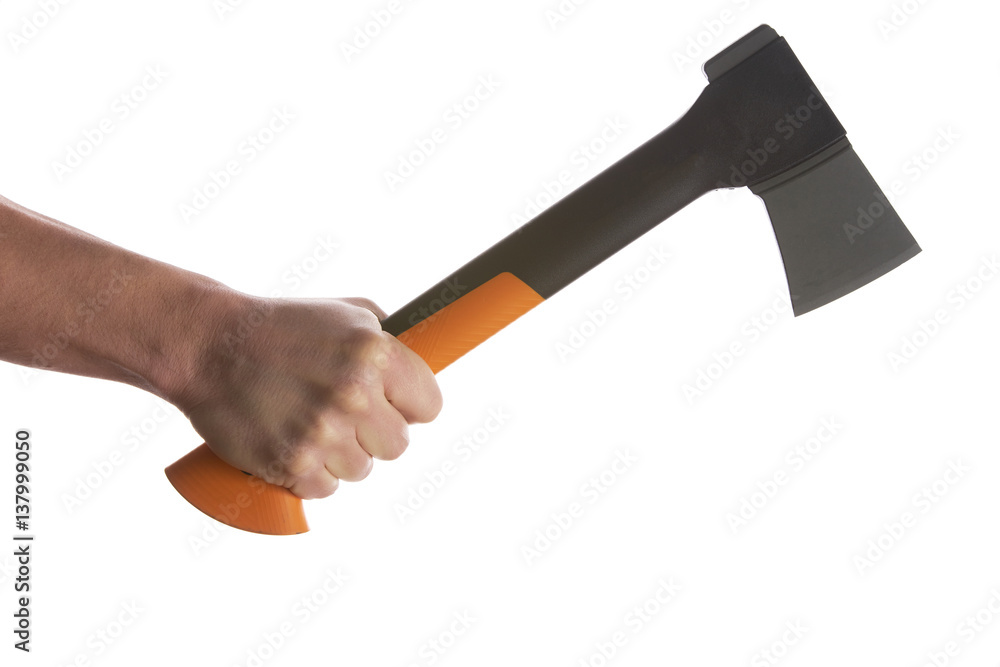 Hands with an axe isolated on white background with copy space Hands with an axe isolated on white background with copy space