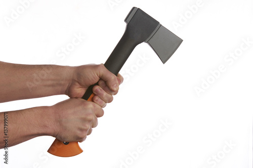 Hands with an axe isolated on white background with copy space