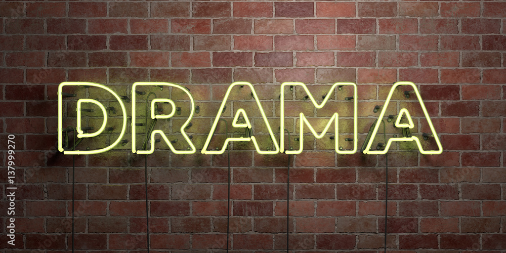 DRAMA - fluorescent Neon tube Sign on brickwork - Front view - 3D rendered royalty free stock picture. Can be used for online banner ads and direct mailers.. - obrazy, fototapety, plakaty 