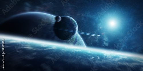 Fototapeta Naklejka Na Ścianę i Meble -  Sunrise over distant planet system in space 3D rendering elements of this image furnished by NASA