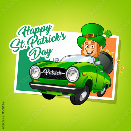 Drawing of a Leprechaun driving a car
