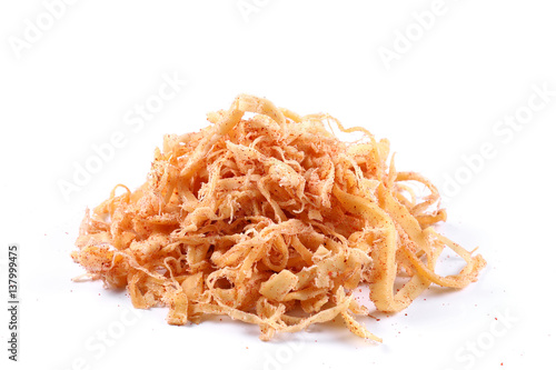 Shredded Squid  with pepper on a white background (isolated). Snack Fish to beer. Close up