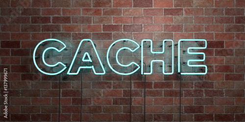 CACHE - fluorescent Neon tube Sign on brickwork - Front view - 3D rendered royalty free stock picture. Can be used for online banner ads and direct mailers.. photo