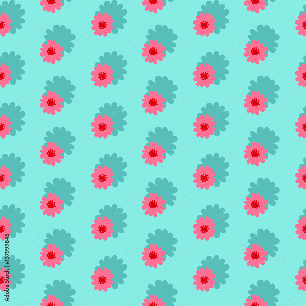 Pink daisies seamless pattern on a blue background. Daisy field.  Flower chain.
