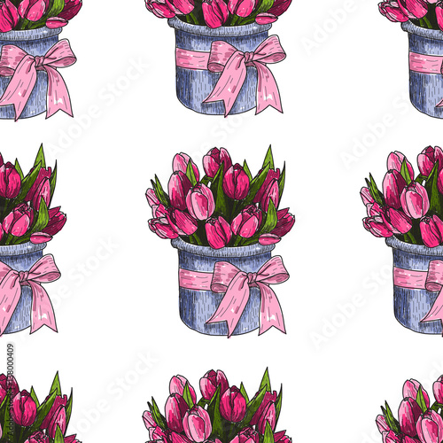 Vector Spring flowers. Floral seamless pattern. Vintage background with Hand Drawn Tulips. Ink pen drawing photo