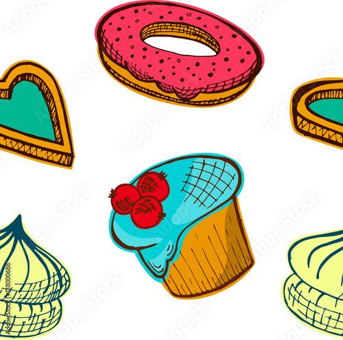 Sweets colorful seamless pattern. Cakes, cookies, donuts. Food set. Sketch. Bakery Bright background