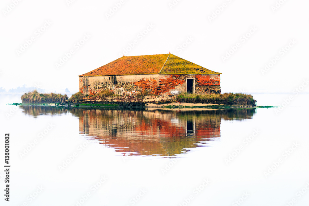 High key landscape of a abandon house on the Aveiro river in Portugal High key landscape of a abandon house on the Aveiro river in Portugal