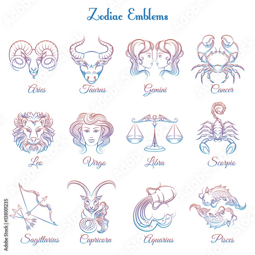 Colorful Zodiac emblems collection isolated on white backdrop. Vector illustration