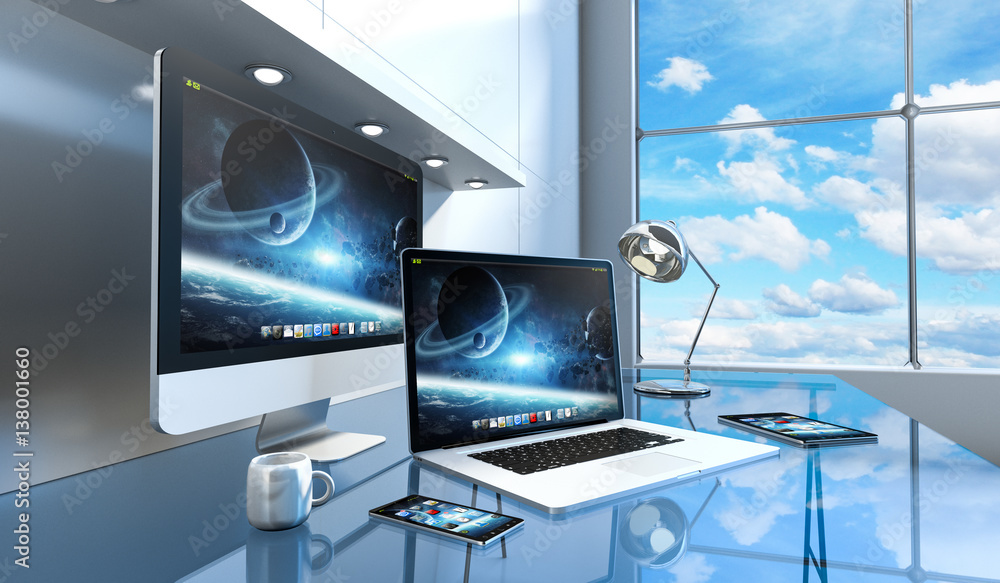 Fototapeta premium Modern glass desk interior with computer and devices 3D rendering