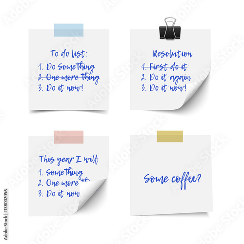 White realistic vector sticky notes with shadow and text isolated on white background. Post it paper for to do list, checklist, reminder