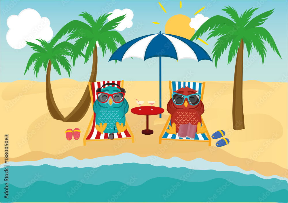 Cute two owls with sunglasses on vacation lying down on the beach by the sea and relaxing 