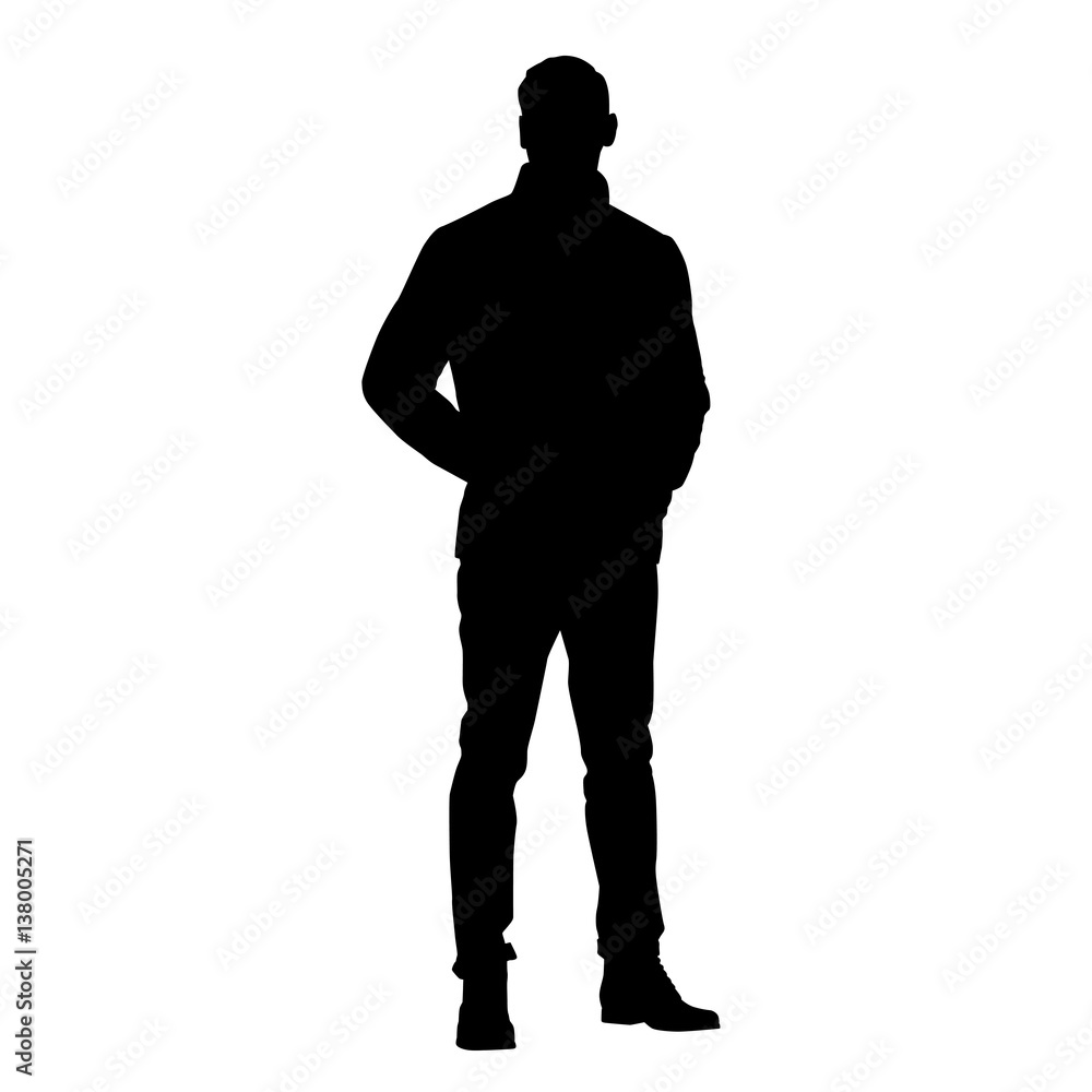 Standing man in jacket with hands in pockets, vector silhouette