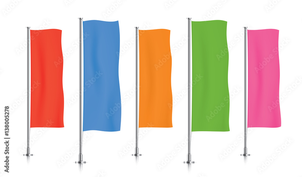 Five colorful vertical banner flags, standing in a row. Red, blue, orange, green and pink banner flag templates isolated on background. Vertical flags realistic mockup. Five colorful vertical banner flags, standing in a row. Red, blue, orange, green and pink banner flag templates isolated on background. Vertical flags realistic mockup.