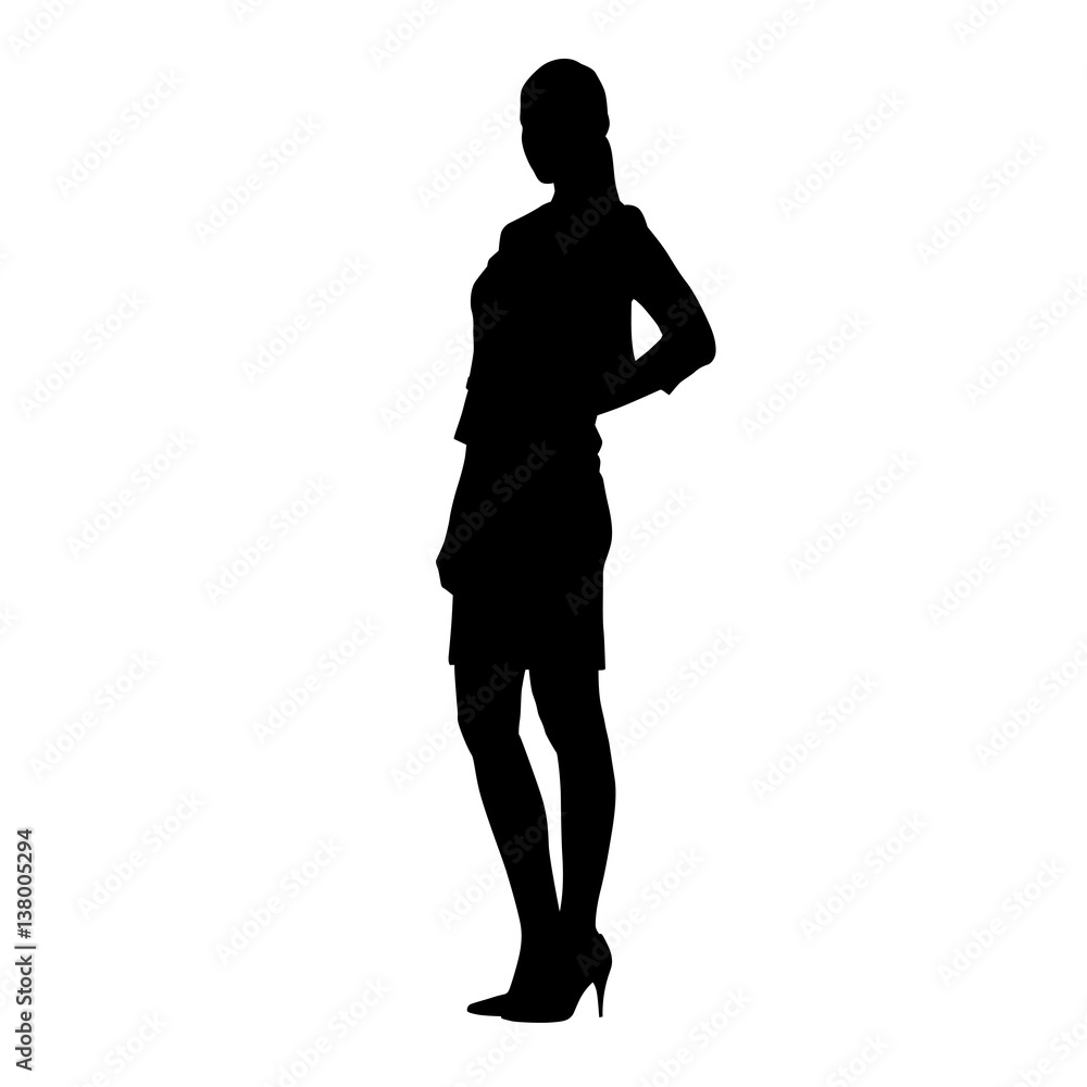 Slim business woman standing with hands on her hips. Lady with long legs in high heels shoes vector silhouette