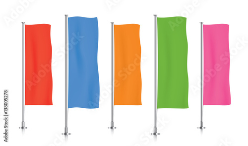 Five colorful vertical banner flags, standing in a row. Red, blue, orange, green and pink banner flag templates isolated on background. Vertical flags realistic mockup.