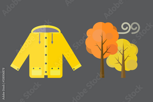autumn clothes set items the fall acorn leaves tree rain clouds cold weather red yellow colors coat raincoat parka vector illustration umbrella