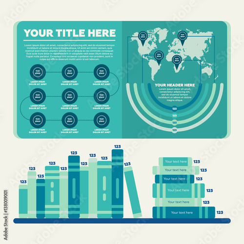 Infographics elements. Steps, worldmap, pie chart and book bar diagram