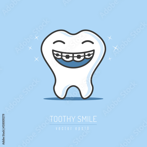Happy tooth cartoon mascot with braces on teeth smiling vector illustration 