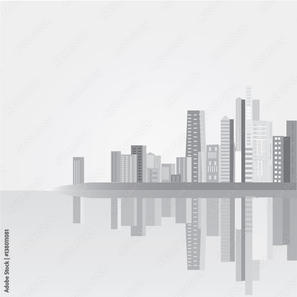 Vector illustration with skyscrapers in flat design.Can used for web banner, info graphic and brochure. Black - white cityscape with reflection