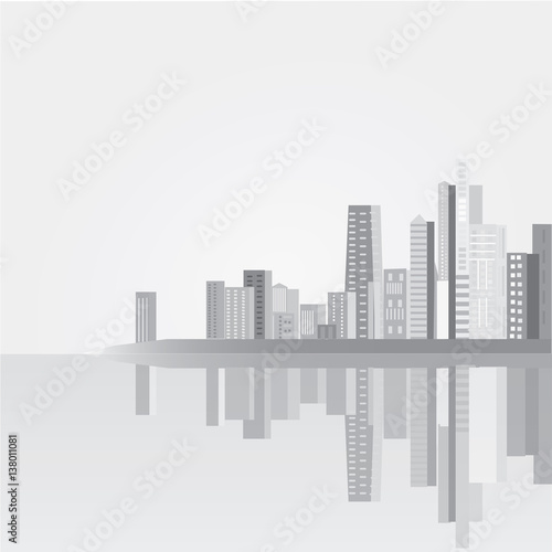 Vector illustration with skyscrapers in flat design.Can used for web banner  info graphic and brochure. Black - white cityscape with reflection
