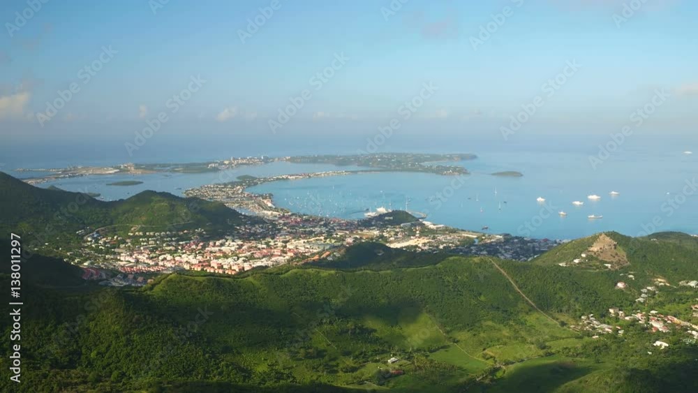 St Maartin Aerial v20 Flying over peak area panning with panoramic island views. St Maartin Aerial v20 Flying over peak area panning with panoramic island views.