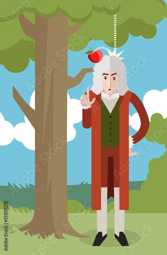 great english scientist with apple under a tree