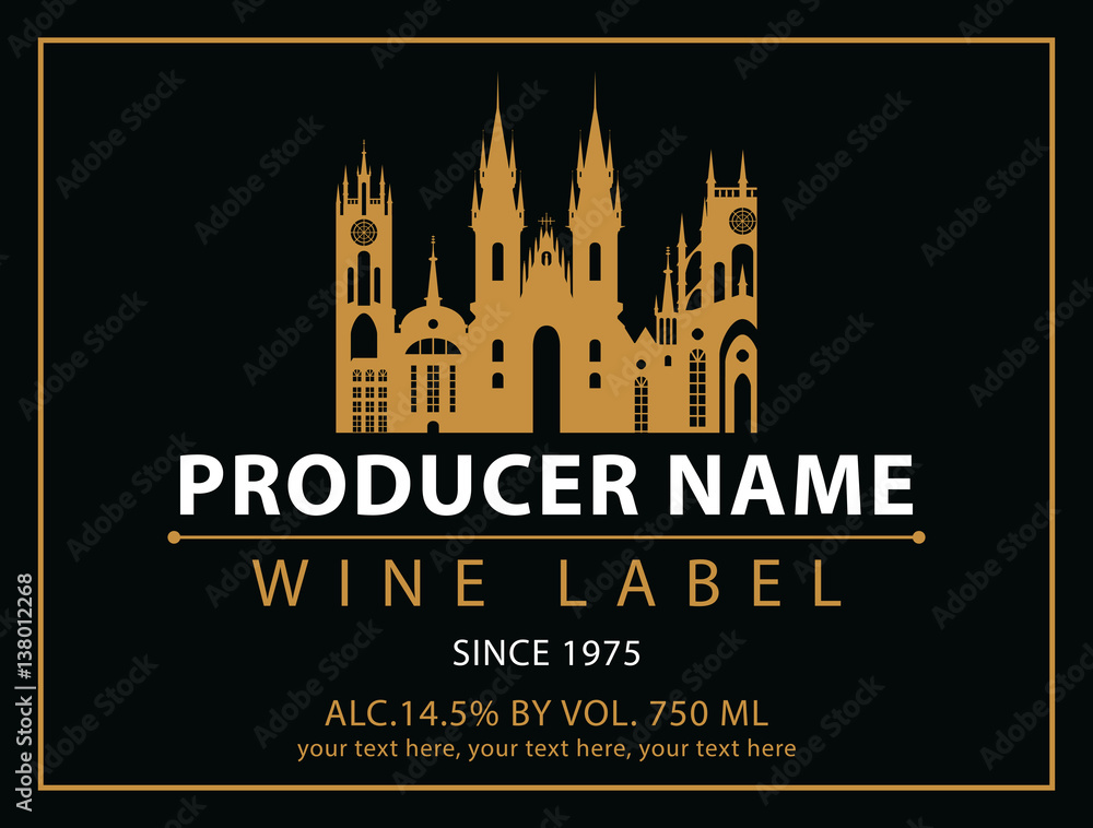 vector labels for wine with urban landscape and castle in black and gold