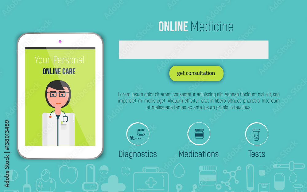 The concept of online medicine help site header. Vector illustration in flat style with doctor and tablet The concept of online medicine help site header. Vector illustration in flat style with doctor and tablet