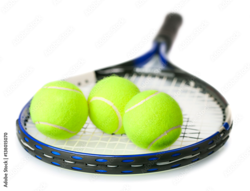 tennis balls and racket isolated on white background 