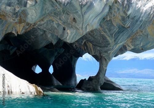 Dark caves carved into the stunning Marble by the bright blue waters of Lago General Carrera