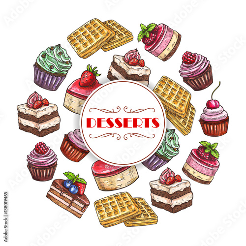 Sweets and dessert cakes vector poster