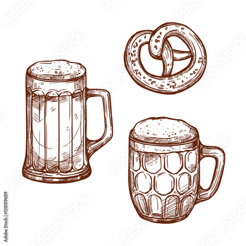 Beer pub mugs and pretzel snack vector sketch