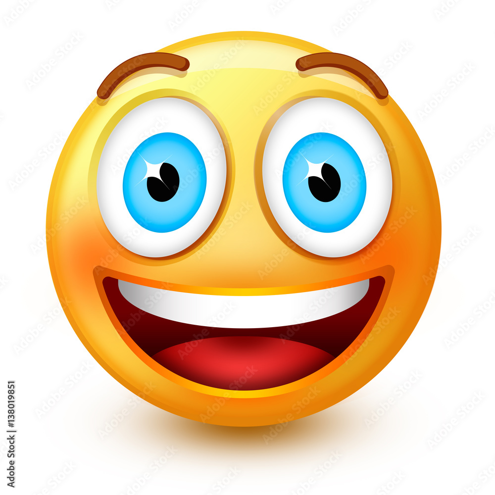 Cute smiley-face emoticon or 3d happy emoji with a smiling open mouth, showing teeths and happy open eyes