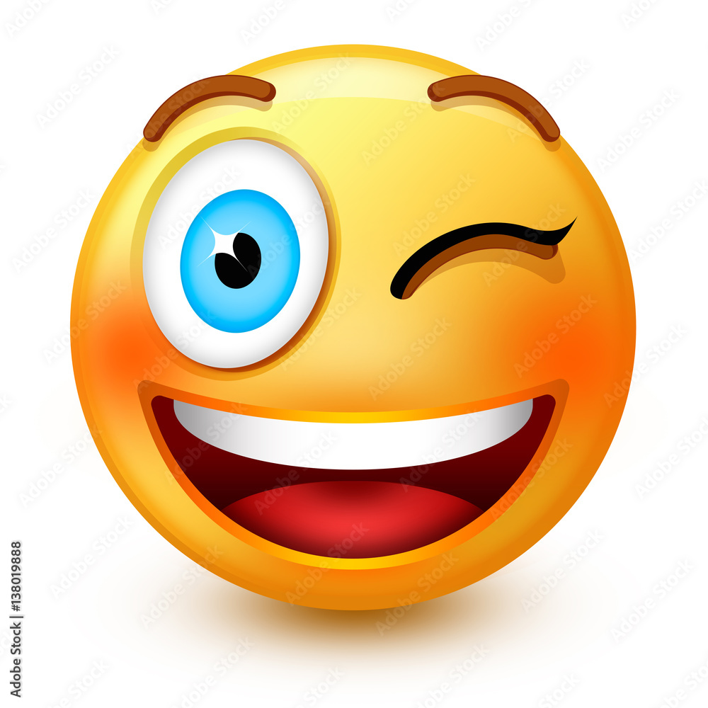 Cute winking-face emoticon or 3d smiley emoji with a smiling mouth ...