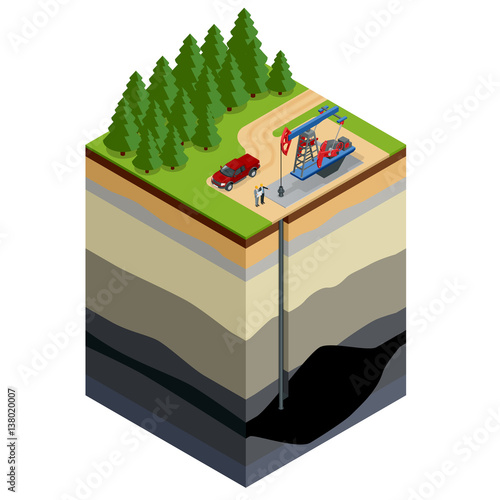 Oil drilling exploration concept. Engineer writing on the paper in front of the natural gas pipes.Refinery, gas and oil. Flat 3d isometric illustration. For infographics and design.