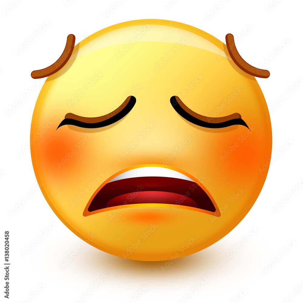 Cute weary face emoticon or 3d tired emoji with an exhausted-looking face, open mouth and tightly closed eyes. It shows tiredness and also stress. Cute weary face emoticon or 3d tired emoji with an exhausted-looking face, open mouth and tightly closed eyes. It shows tiredness and also stress.