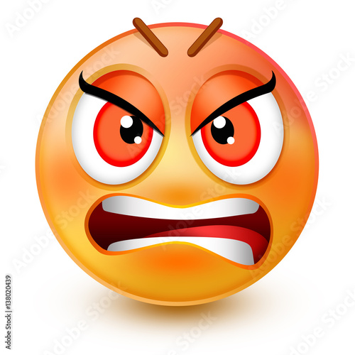Cute very angry face emoticon or 3d furious red emoji with inward-facing eyebrows and a frowning mouth. It shows anger and grumpiness.