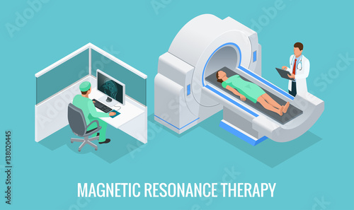 Doctor looking at results of patient brain scan on the monitor screens in front of MRI machine with man lying down. Flat isometric vector illustration.
