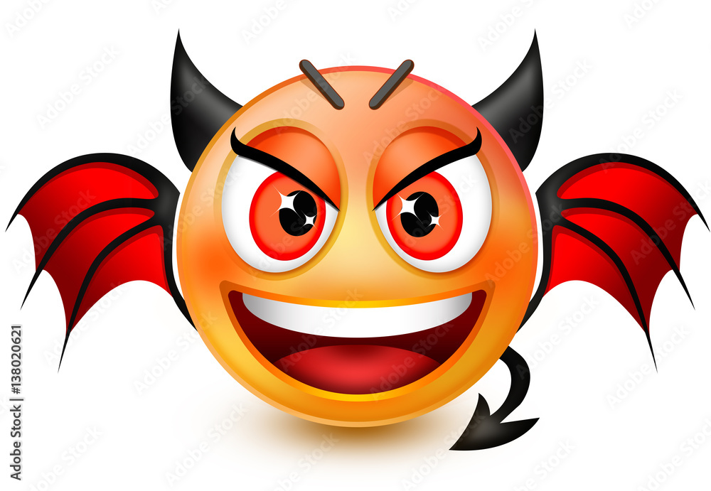 Funny devil-like face emoticon or 3d red demon emoji with horns ...
