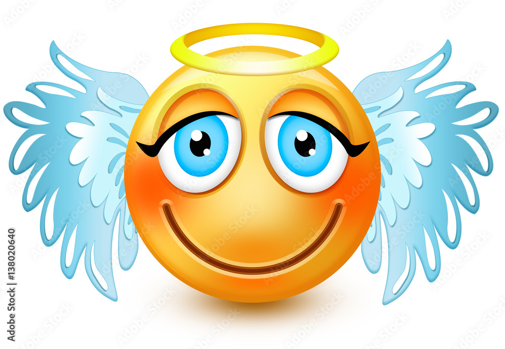 Cute angellike face emoticon or 3d smiling winged emoji with blue