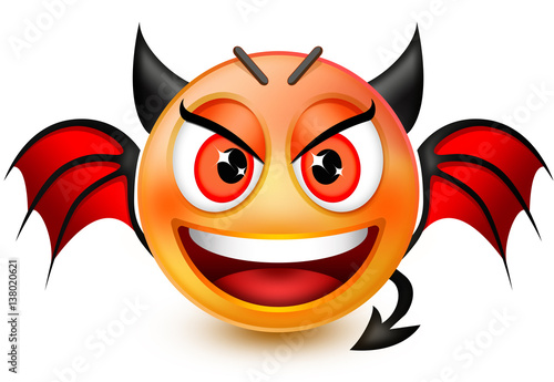 Funny devil-like face emoticon or 3d red demon emoji with horns, bat wings and an arrow-shaped tail. photo